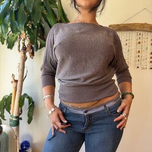SparklyDolman Batwing Boat Neck Knit Slouchy Top Brown Y2K Tuscan Indie sleaze